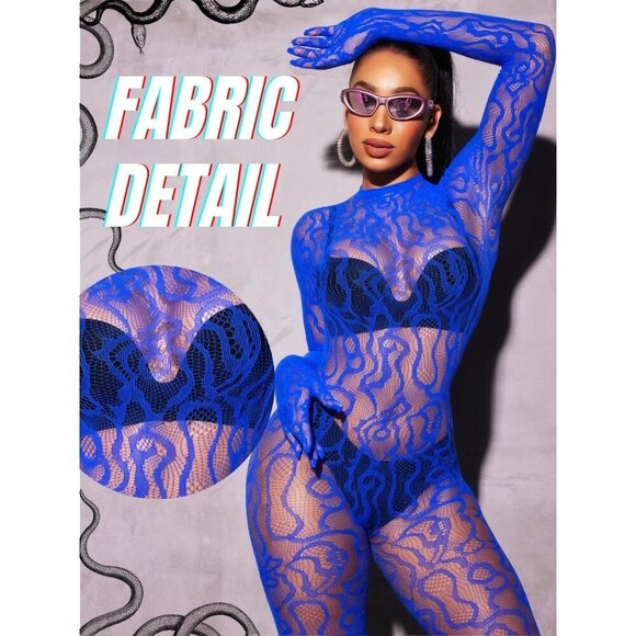 🆕Women Blue Sexy Fishnet Full Mesh Jumpsuit Body Stockings Halloween Costume - Picture 4 of 6